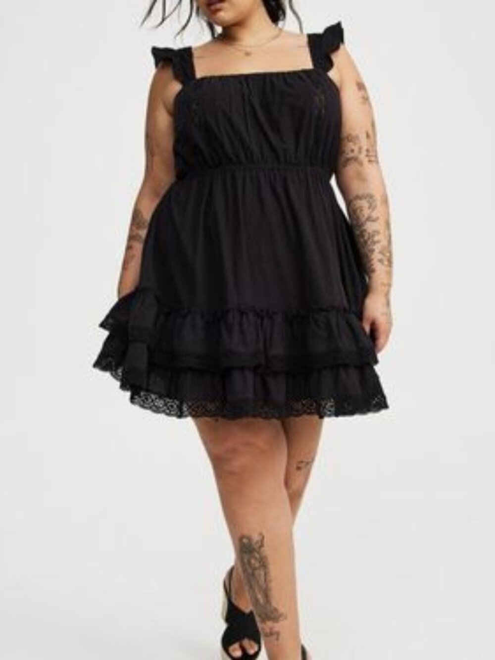 Mini Cotton Tiered Lace-Trim Dress- Torrid
